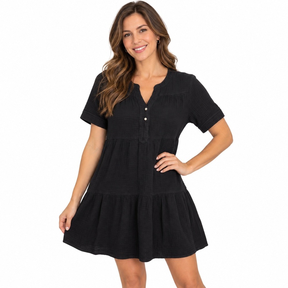 Magaschoni Black Oraganic Cotton Gauze Tiered Mini Dress Womens M Short Sleeve